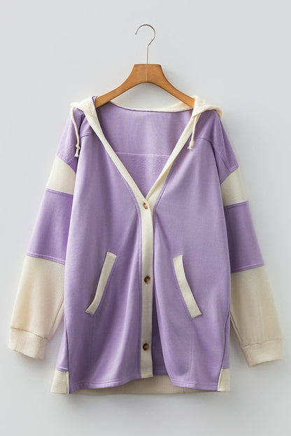 Waffle Knit Colorblock Patchwork Buttoned Hoodie