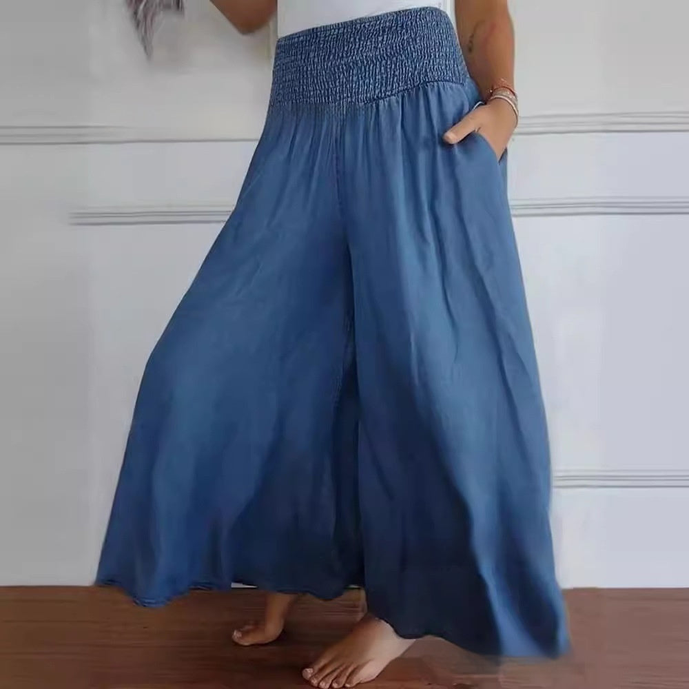 Casual High Waist Smocking Wide Leg With Pockets Denim Women's Pants