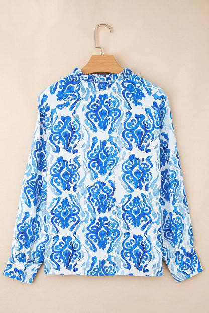 Abstract Tie-Neck Button- Up Puff Sleeve Shirt