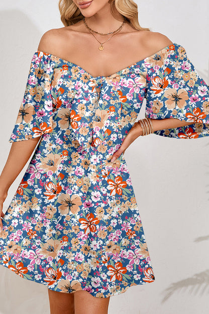 Floral Knot V-Neck Loose Sleeve Mini Dress