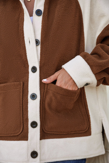 Colorblock Fleece Patchwork Button Down Shacket
