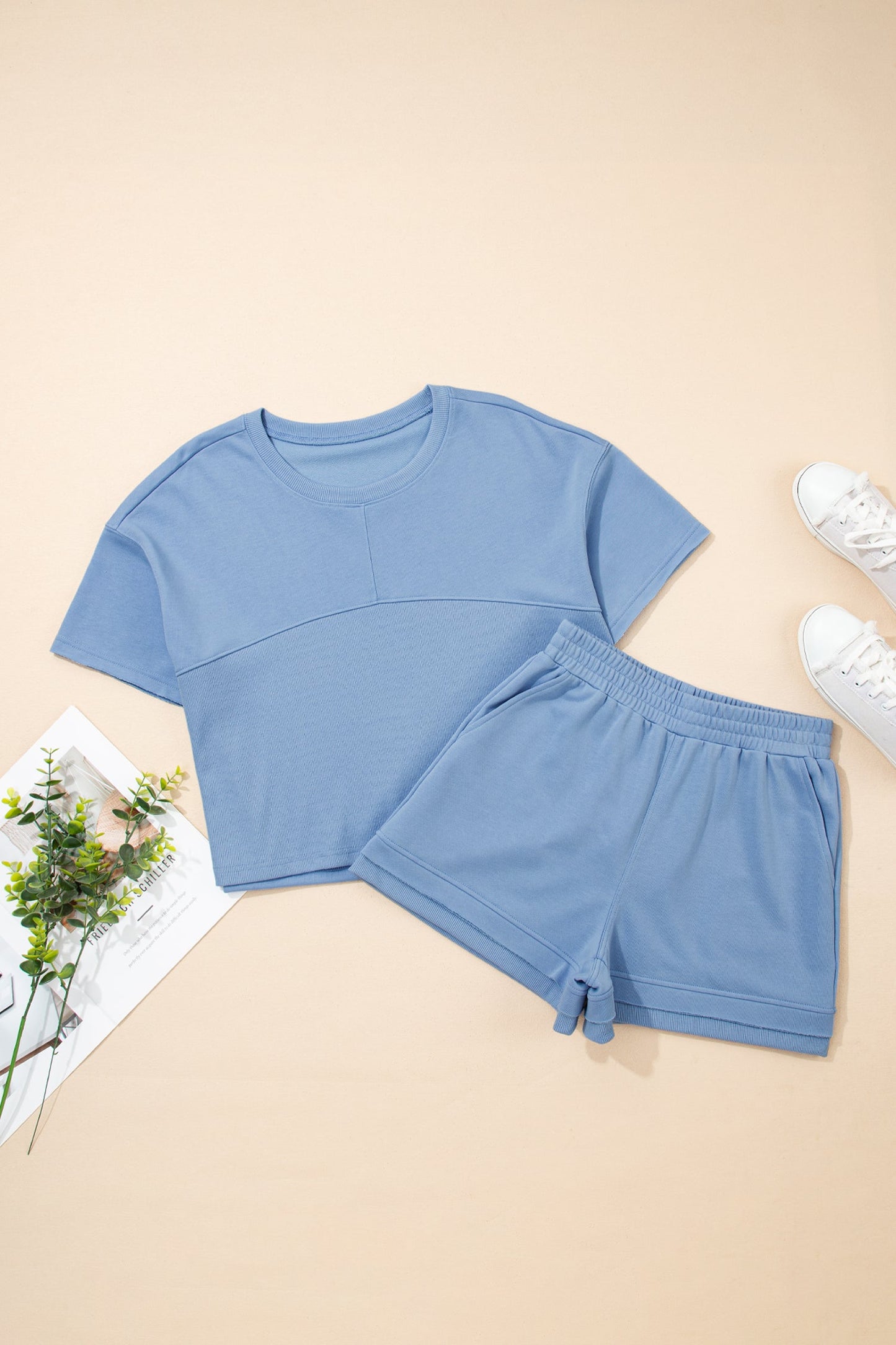 Solid Contrast Textured Patchwork top & Short Set
