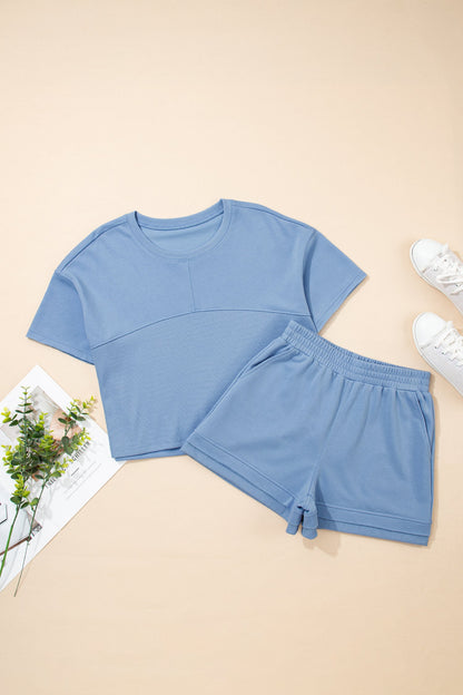 Solid Contrast Textured Patchwork top & Short Set