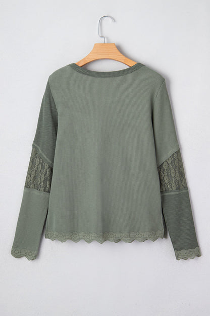 Solid Waffle Rib Lace Patchwork Top