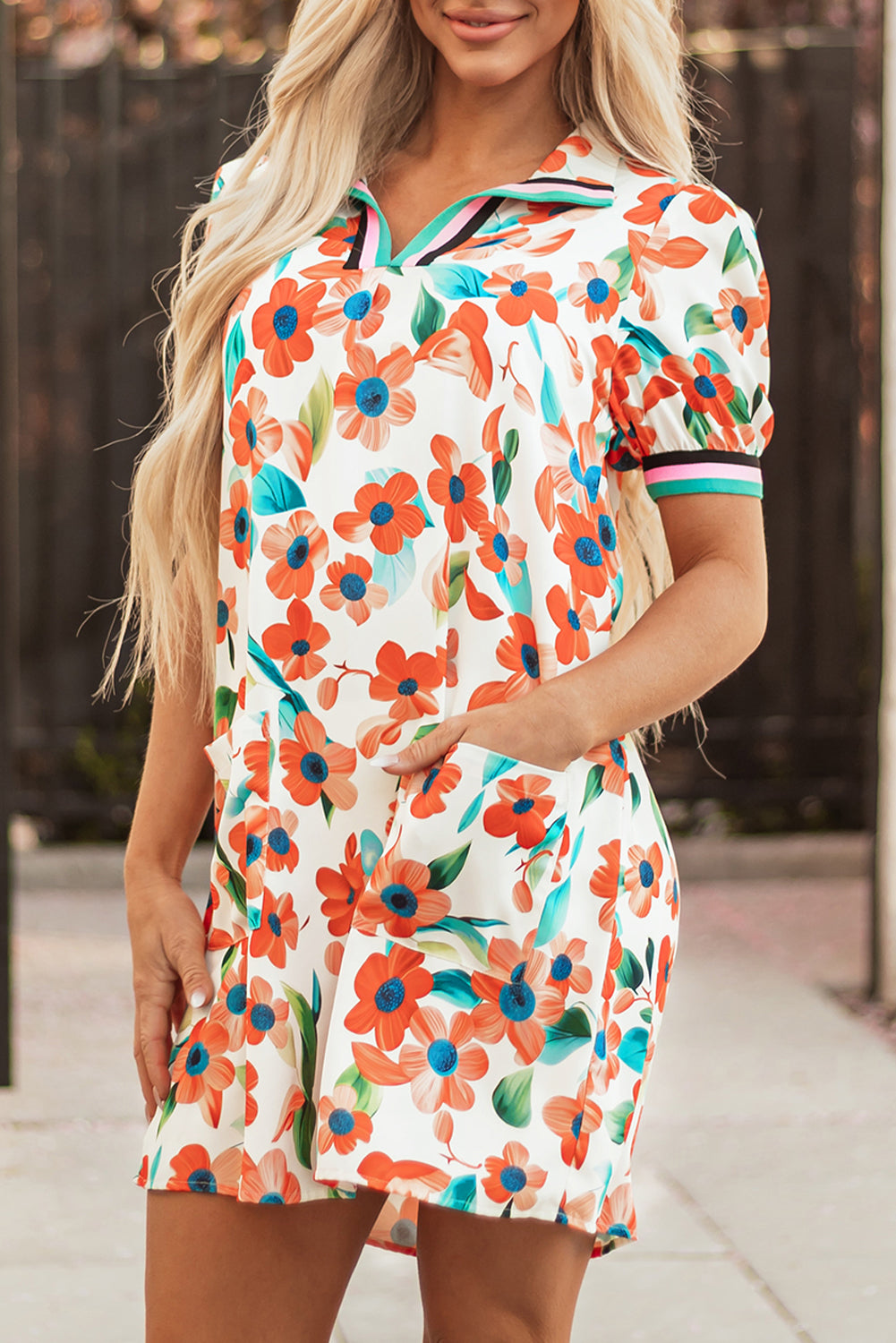 Floral Contrast Trim Split Neck Mini Dress