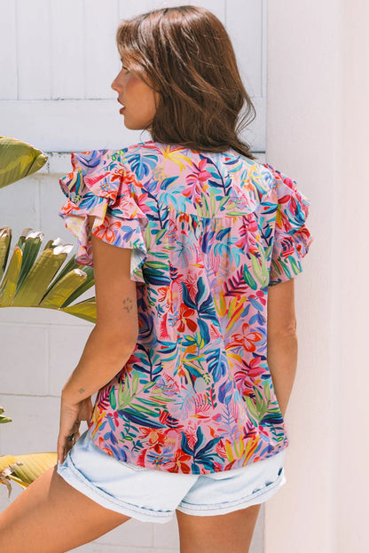 Floral Frilled Notch Neck Ruffle Sleeve Blouse
