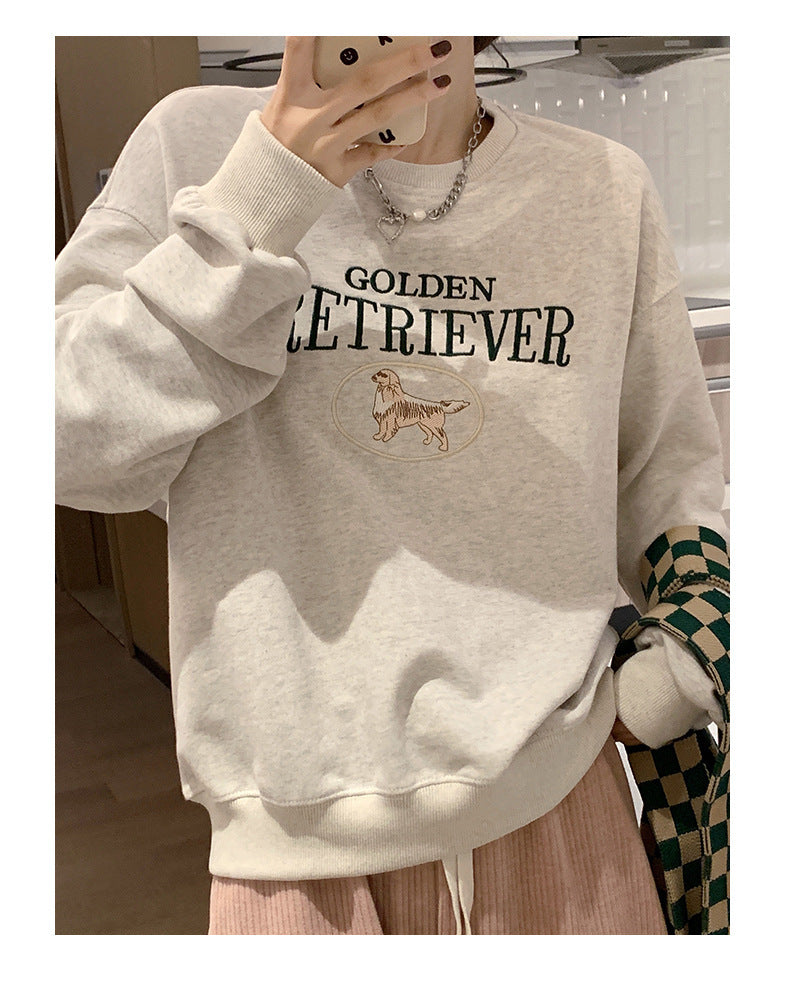 Korean Style Oversize Round-Neck Embroidered Cartoon Long-Sleeve Top