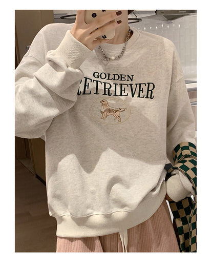 Korean Style Oversize Round-Neck Embroidered Cartoon Long-Sleeve Top