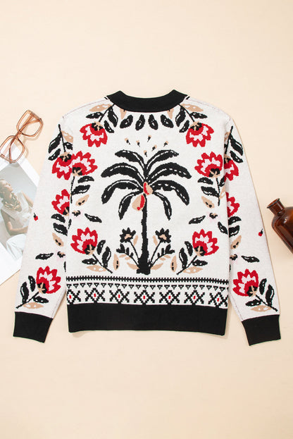 Floral Knit Button-Front V-Neck Cardigan