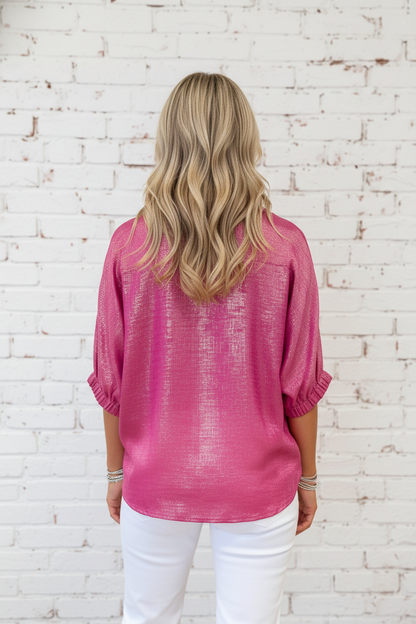 Collar V-Neck Half Sleeve Metallic Top