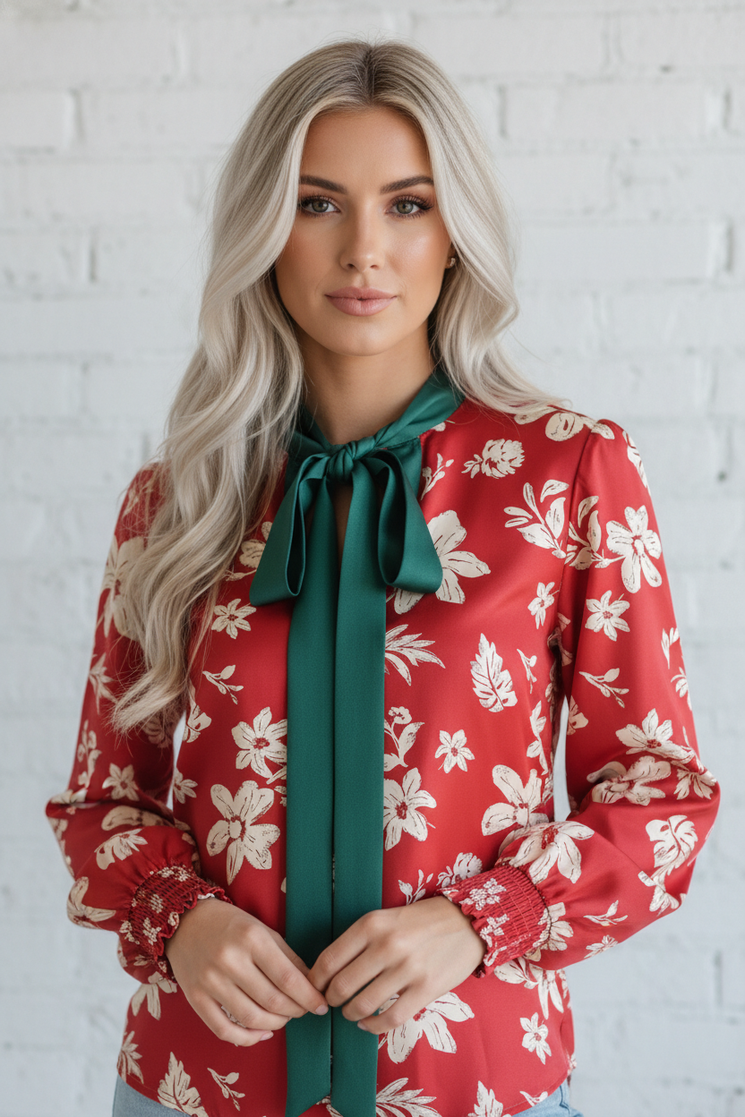 Flower Tied Neck Shirred Puff Sleeve Blouse
