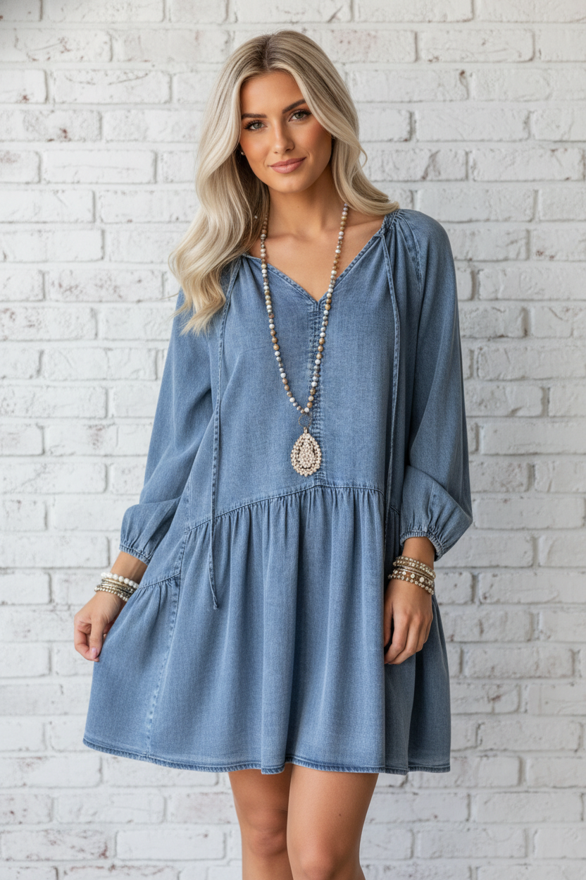 Puff Sleeve V-Neck Ruffle Denim Dress