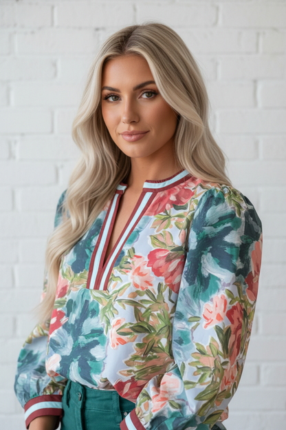 Floral Contrast Trim V-Neck Cuffed Sleeve Blouse
