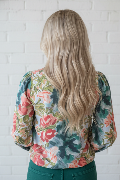 Floral Contrast Trim V-Neck Cuffed Sleeve Blouse