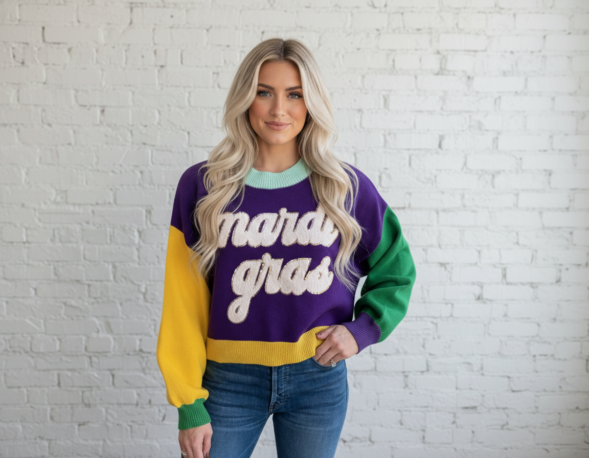 Colorblock Patchwork Fuzzy Mardi Gras Graphic Sweater