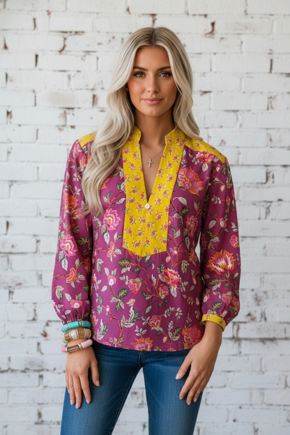 Floral Contrast Placket Split V-Neck Blouse