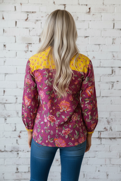 Floral Contrast Placket Split V-Neck Blouse