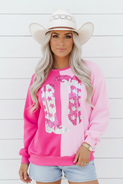 Western Sequin Cowgirl Boots Colorblock Sweatshirt