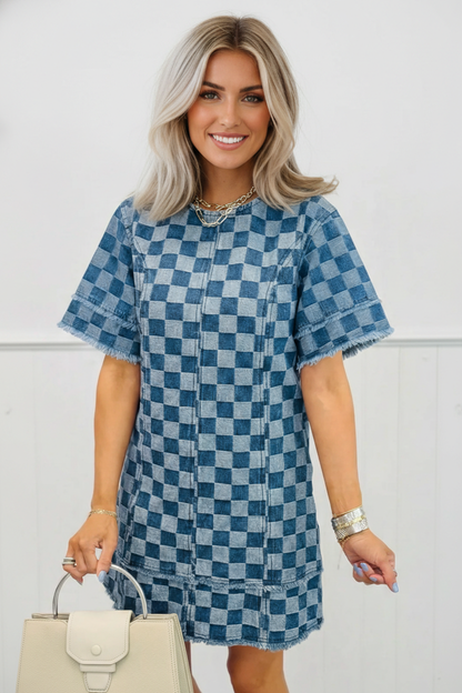 Checker Frayed Hem Denim Mini Dress