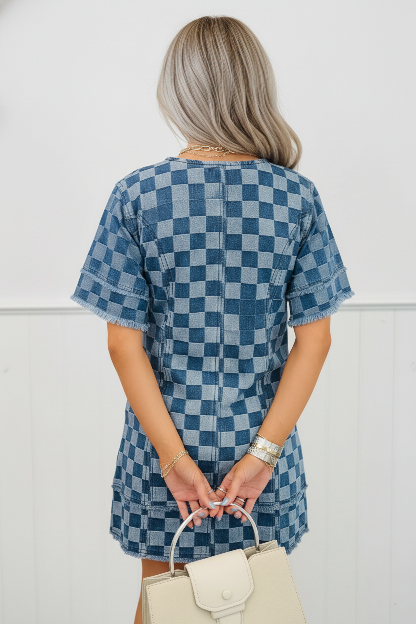 Checker Frayed Hem Denim Mini Dress