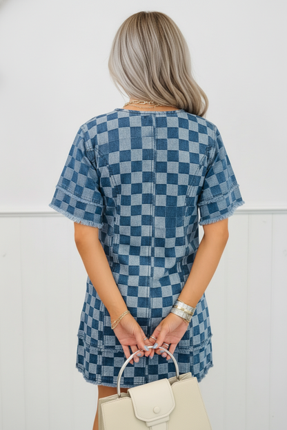 Checker Frayed Hem Denim Mini Dress