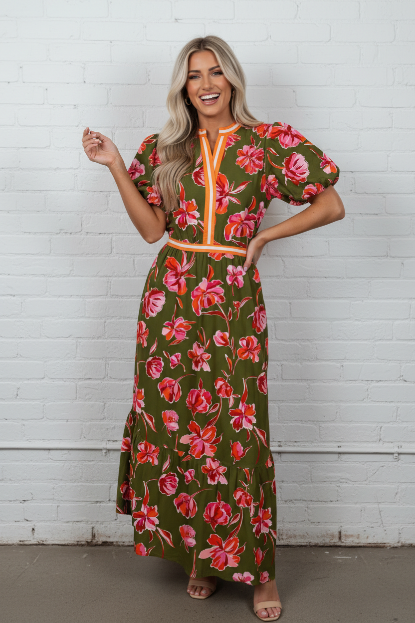 Floral Stripe Trim Puff Sleeve Split Maxi Dress