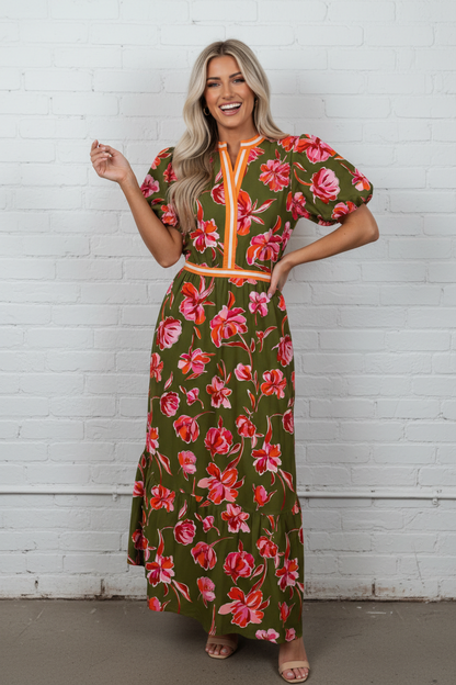 Floral Stripe Trim Puff Sleeve Split Maxi Dress