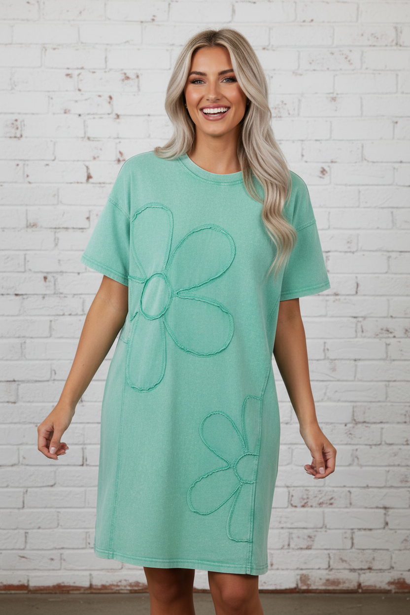 Flower Patchwork Mineral Wash Mini T-Shirt Dress