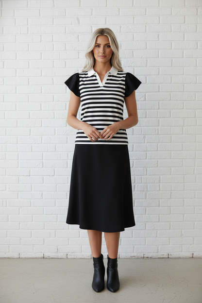 Stripe Collar V-Neck Ruffle Short Sleeve Blouse