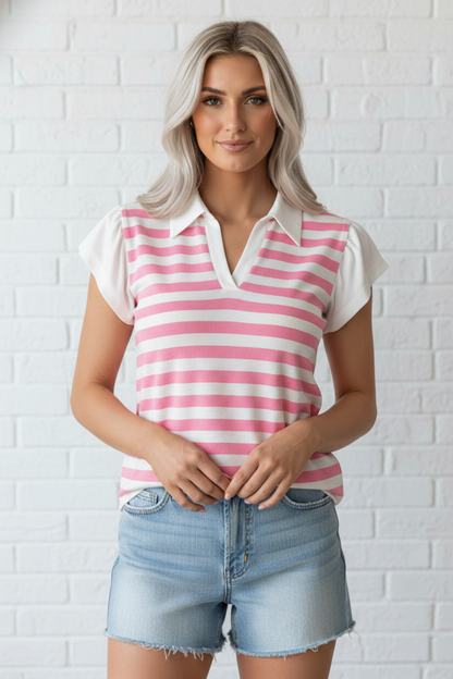 Stripe Collar V-Neck Ruffle Short Sleeve Blouse
