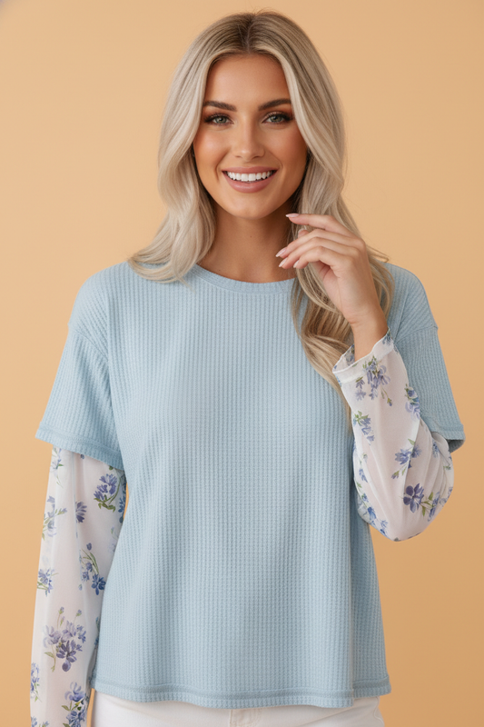 Floral Lace Patchwork Waffle Fake Two-Piece Top