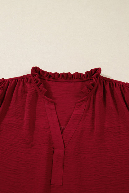 Solid Notched Neck Shirred Cuff Long Sleeve Blouse