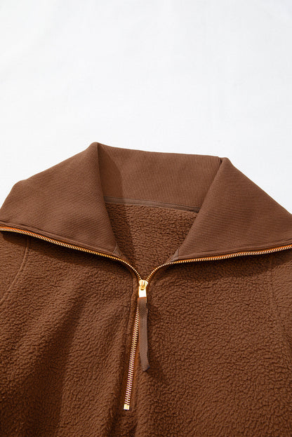 Solid Half-Zip Fleece Pocketed Sweatshirt