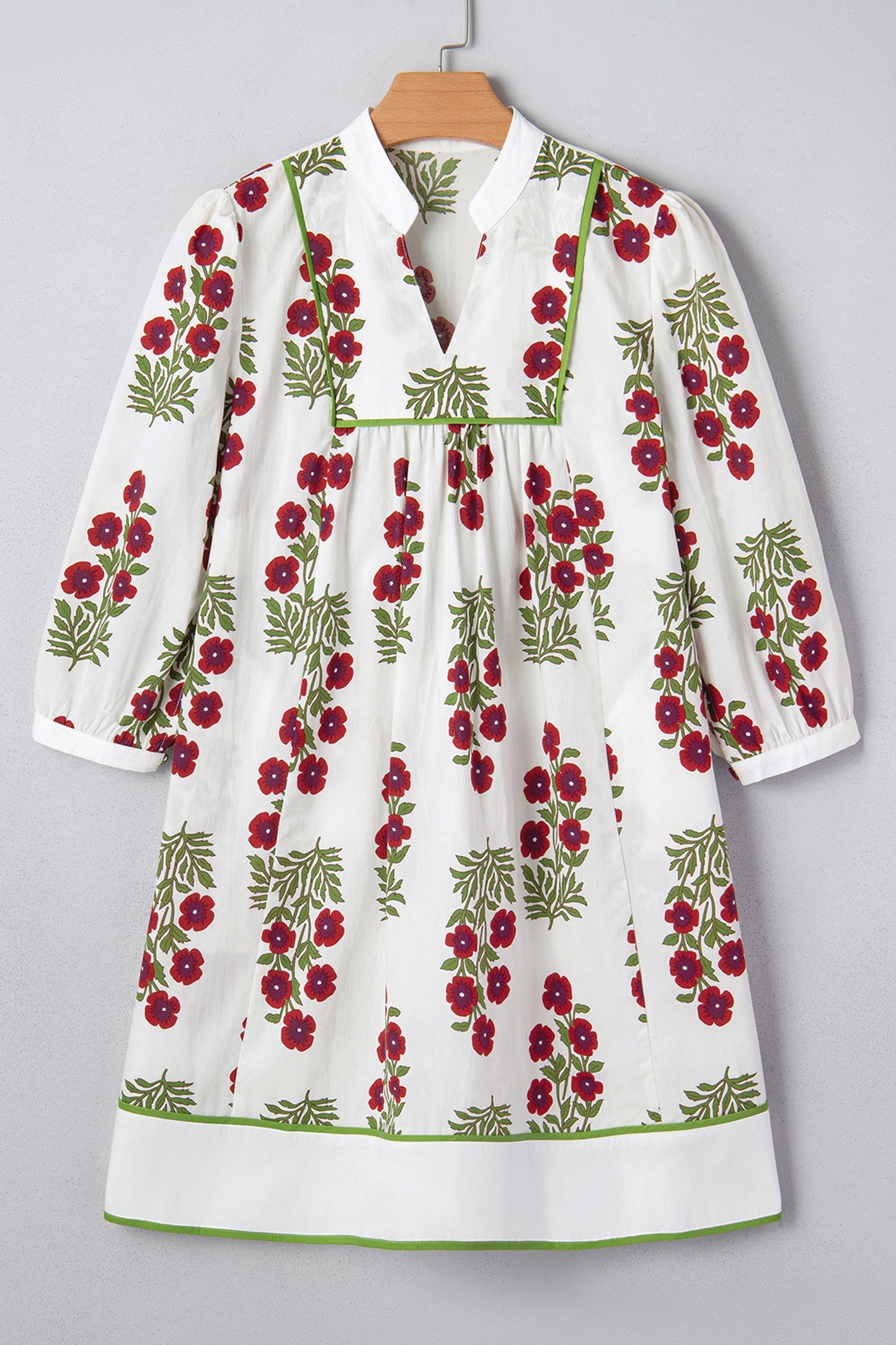Floral Frilled V-Neck 3/4 Sleeve Dress