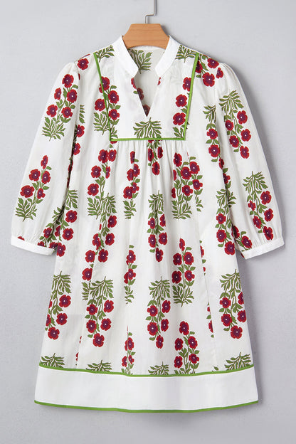 Floral Frilled V-Neck 3/4 Sleeve Dress