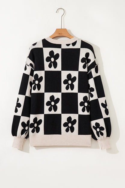 Flower Checker Henley Baggy Sweater
