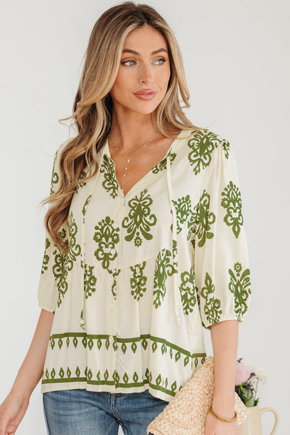 Tie V-Neck Puffy Half Sleeve Shirt