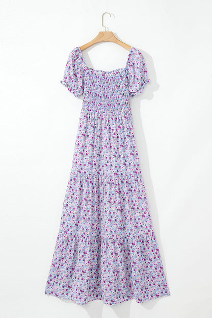 Floral Bubble Sleeve Shirred High Waist Maxi Dress