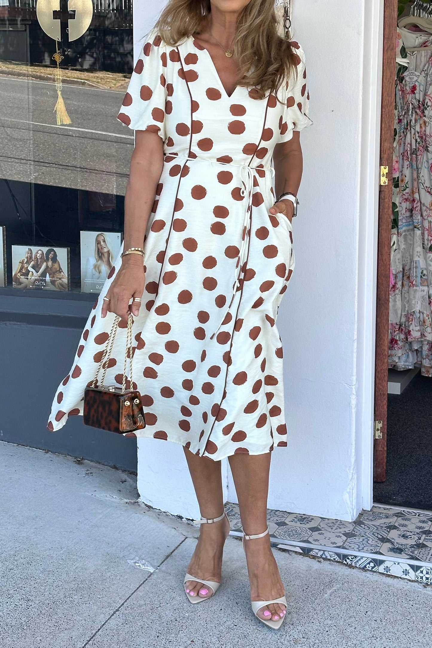 Polka Dot V-Neck Short Sleeve Tie Dress