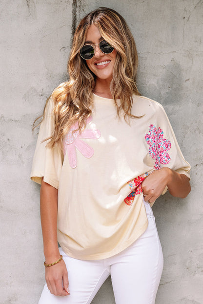 Floral Patch Exposed Stitching Crew Neck Tee