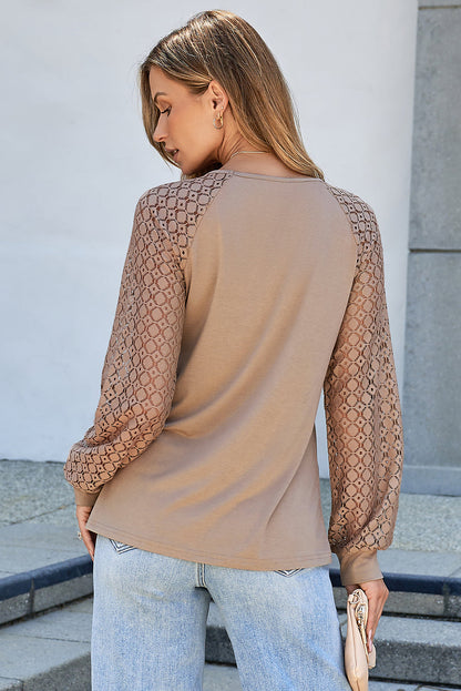 Lace Patchwork Raglan Sleeve Pleated Top