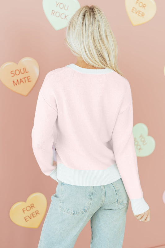 Valentine Bow Tie Cherry Drop Shoulder Sweater