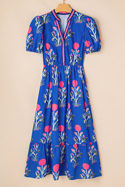 Floral Puff Sleeve V-Neck Maxi Dress