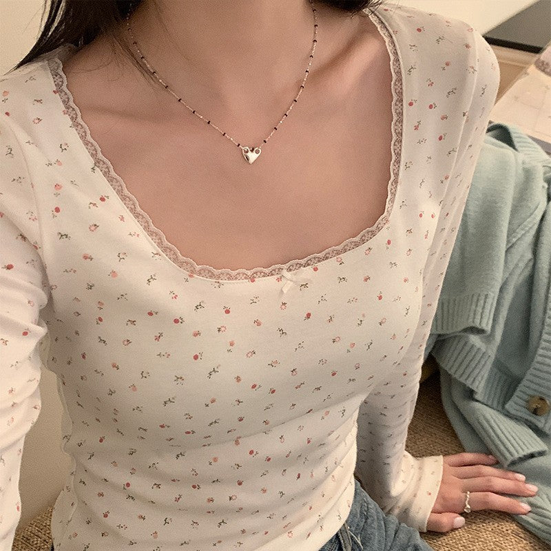 Lace Floral Shoulder Long Sleeve Slim-fit Crop Top