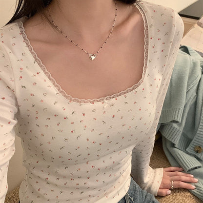 Lace Floral Shoulder Long Sleeve Slim-fit Crop Top