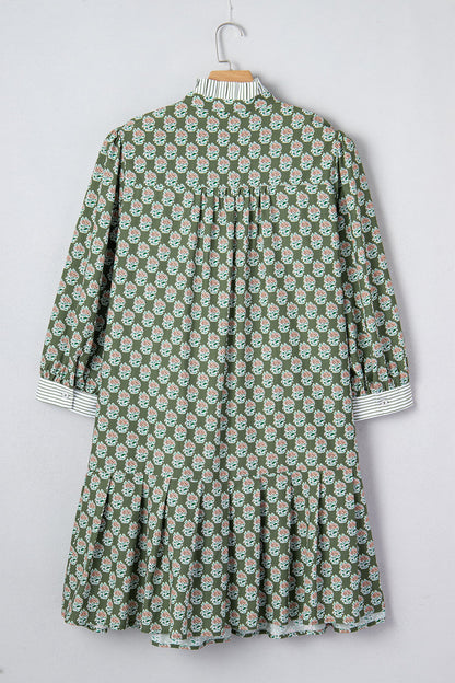 Plus Size 3/4 Sleeve Contrast Striped Floral Dress