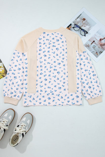 Floral Patchwork Waffle Knit Balloon Sleeve Top