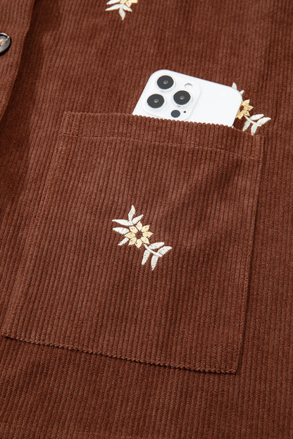 Floral Corduroy Embroidered Button-Front Jacket