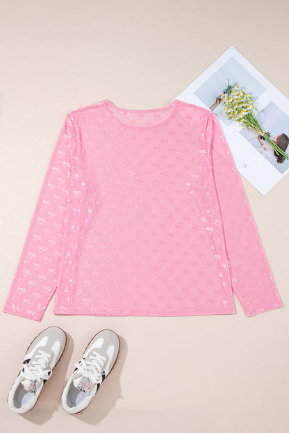 Plus Size Bow Tie Mesh Embroidered Long Sleeve Top