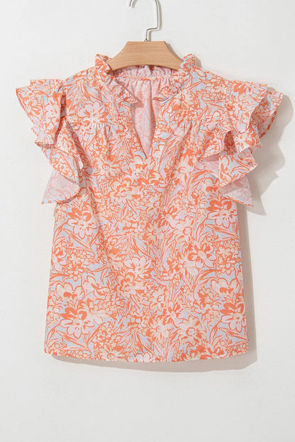 Floral Ruffle Sleeve Split Neck Blouse